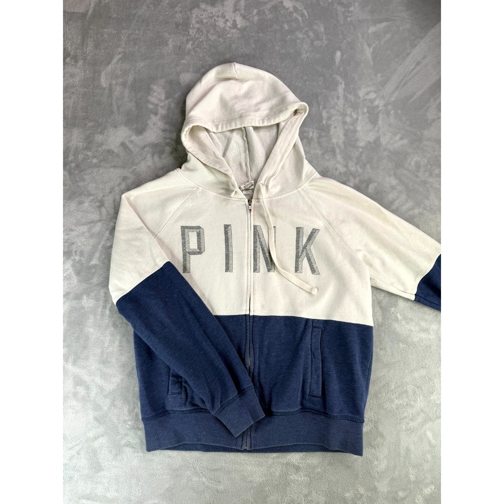 Victoria's Secret PINK Hoodie Womens Medium White Blue Cotton Full Zip Outdoor